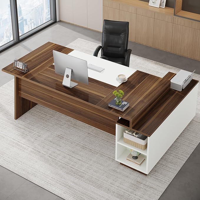 Tribesigns L-Shaped Executive Office Desk, 70.5-Inch Mid-Century Modern Executive Desk with Storage Cabinet and Shelves, Large Computer Desk for Home Office, Brown + White