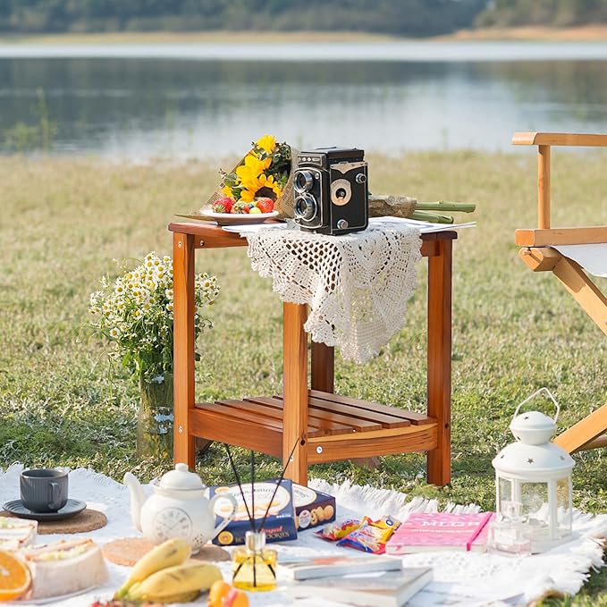 Utoplike Teak Side Table Outdoor, Patio End Table Double Layer, Wooden Coffee Accent Tables for Backyard, Garden, Bed, Living Room, Couch, Two-Tier