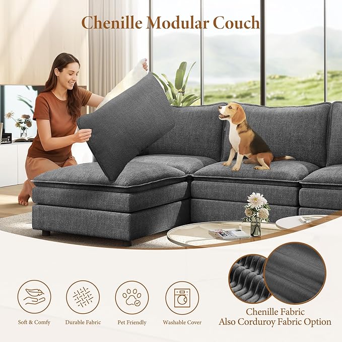 Vesgantti 108" U Shaped Sectional Couch, Comfy Cloud Modular Sectional Sofa with 2 Ottoman Deep Seat Chenille Modern Cloud Sofa, Modular Sofas for Living Room, Bedroom and Apartment, Gray