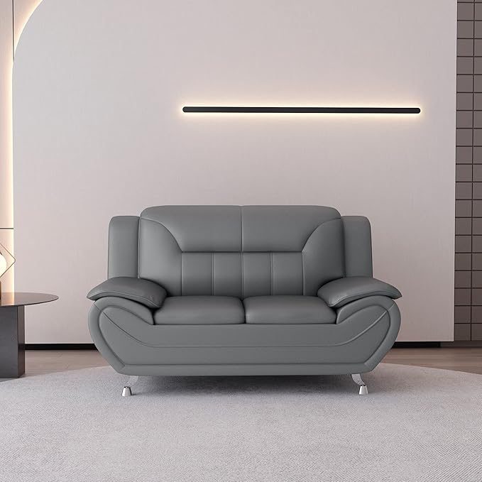Container Furniture Direct Michael Modern Faux Leather Upholstered Stainless Steel Legs Living Room Loveseat, Gray