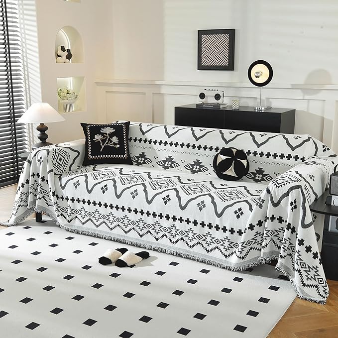 LUFEIJIASHI Boho Couch Covers for Sofa Non Slip Sofa Covers Washable Couch Covers for 3 Cushion Couch Sofa Pet Friendly Sectional Couch Cover Blanket Furniture Protector for Dogs (Black, 91"x118")