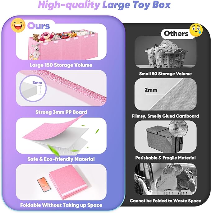 Extra Large Toy Box, Toybox for Kids Boys Girls, Collapsible Sturdy Toy Storage Organizer with Mesh Pockets, 40"x14"x16" Kids Storage Boxes Bins Baskets for Nursery, Playroom, Pink