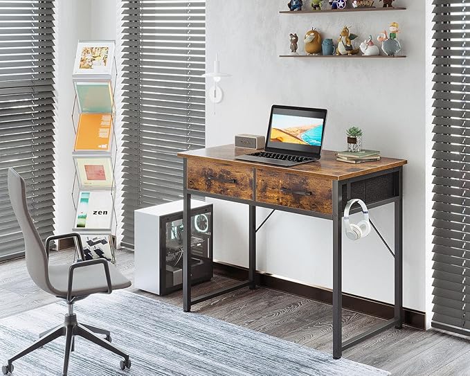 Casaottima 32 Inch Small Office Computer Desk with 2 Drawers & Headphone Hook - Compact Writing Desk for Home Office, Study or Work, Modern Space-Saving Design for Small Spaces, Pure Vintage