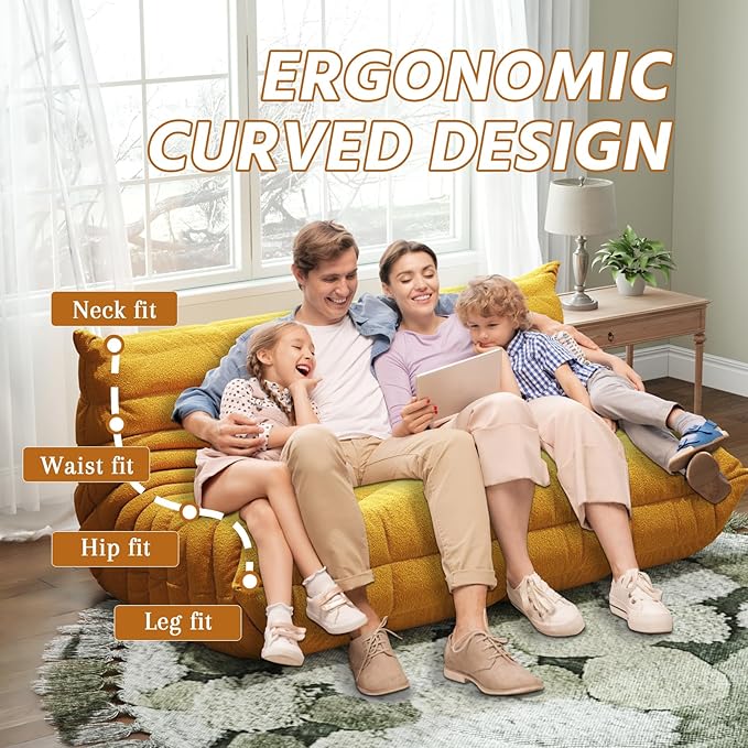 Bean Bag Chairs for Adults, BeanBag Reading Chair Memory Foam Couch 3-Seater, Floor Chair Soft Teddy Material, Comfy Reading Nook Chairs for Bedroom Living Room Office (Yellow)