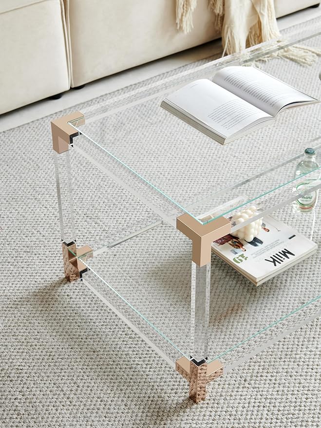Saint Mossi Glass Coffee Table Living Room, Modern Double Layer Glass Living Table for Living Space, L41 x W21 x H16, Clear Glass Top, Clear Acrylic Leg & Rose Gold Frame