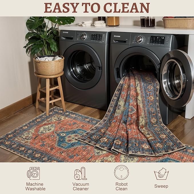 Tangsoo Washable Entryway Rugs 2x3 Vintage Non Slip Small Area Rug, Indoor Front Door Rug, Print Distressed Door Mat Indoor Entrance Soft Low Pile Throw Rug for Entry Kitchen BedroomTerracotta