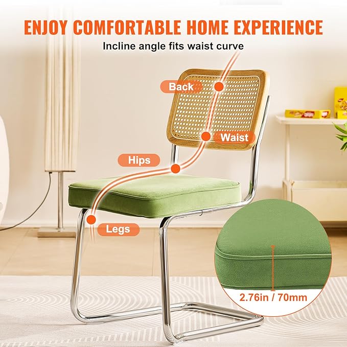 VEVOR Rattan Dining Chairs Set of 4, Mid Century Modern Dining Chair, Upholstered Velvet Accent Chair with Rattan Back, Retro Dining Room Kitchen Chair for Living Room, Bedroom (18.1 Inch)