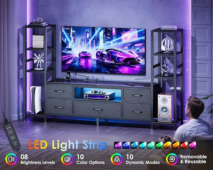 Casaottima 71" TV Stands for 43, 50, 55 Inch TV Entertainment Center with LED Lights and Power Outlets, TV Stand for Living Room with 5 Fabric Drawers & Shelf, TV Console Cabinet for Bedroom, Black