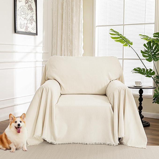 MYSKY HOME Oversized Armchair Couch Cover for 1 Cushion, Washable Recliner Covers Sofa Protector with Tassel, Beige, 71"X91"