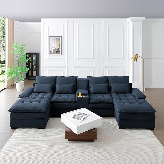 KEIKI 130" U-Shaped 6 seat Sofa with Storage Console, Cup Holders, Upholstered Sectional Sofa, Button Tufted Cloud Cushion Couch for Home, Office, Apartment, Blue