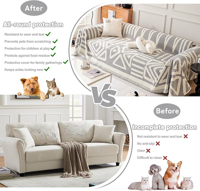 HANDONTIME Grey Sofa Cushion Covers Boho Couch Sofa Covers Dog Couch Cover for Sofa Chenille Couch Sofa Slipcover for Pets Sofa Cover Thick Washable Sectional Slip Covers for Sofas/Couches 71" X118"