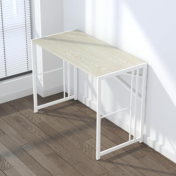 40 inch Folding Desk, Writing Gaming Computer Camping Desk, No Assembly Required Home Office Table, Natural and White