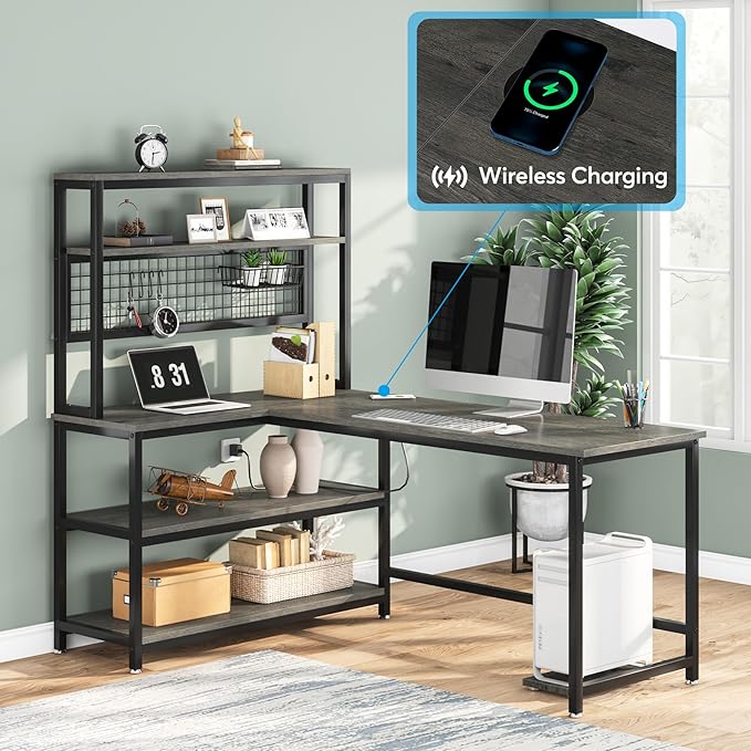 Tribesigns 55" Large Computer Desk with Wireless Charging 5 Storage Shelves, Office Desk Study Table Writing Desk Workstation with Hutch Bookshelf for Home Office(Gray)