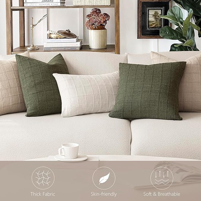 Foindtower Set of 2 Decorative Linen Check Throw Pillow Covers Neutral Farmhouse Vintage Cushion Covers Modern Boho Home Decor For Sofa Chair Couch Bedroom Living Room Outdoor,18×18 Inch,Natural Linen