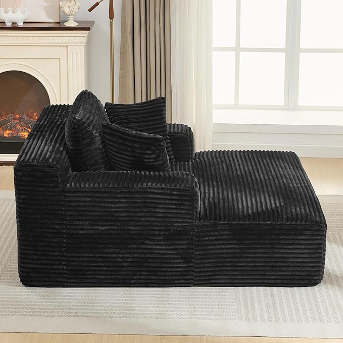 Oversized Chaise Daybed Lounge Sleeper Chair Sofa Bed Indoor, Fluffy Corduroy Upholstered Sleeper Recliner Sofabed Full Foam Boneless Cloud Sofabed W/3 Pillows for Home/Apartment Living Room Bedroom