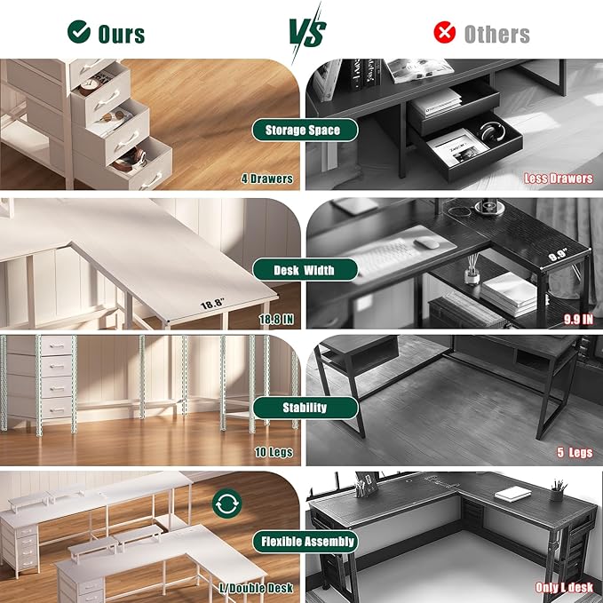 66" L Shaped Computer Desk, 94.4'' Home Office Desk with Power Outlets, 4 Adjustable Storage Drawers & 2 Monitor Stands, Large Two Person Gaming Table for Writing Study, White