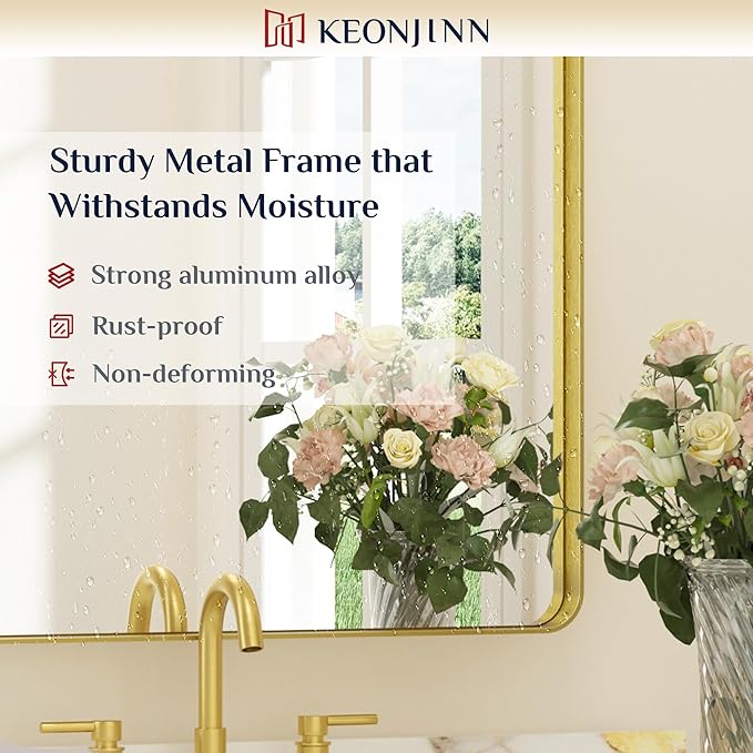 Keonjinn Brushed Gold Bathroom Mirror 48 x 30 Inch Large Rounded Rectangle Vanity Mirror, Brass Gold Wall Mirror with Shatterproof HD Tempered Glass, Decorative Gold Framed Mirror(Horizontal/Vertical)