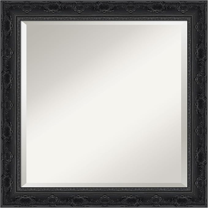 Amanti Art Bathroom Mirror for Over Sink, 25x25 Filigree Gloss Black Square Vanity Mirror, Medium Traditional Frame, Hangs Horizonally and Vertically, Bathroom Wall Decor, Beveled Edge