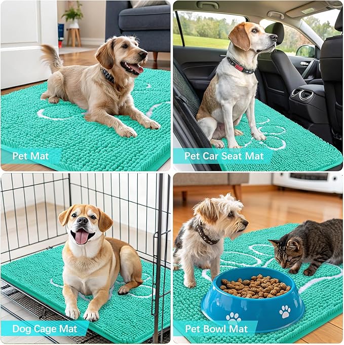 OLANLY Door Mat for Muddy Dog Paws 24x16, Ultra Absorbent Chenille Mud Doormat with Paw Print Design, Non-Slip Washable Doormat for Indoor Entryway, Quick-Dry Pet Bed Mats for Dirty Dogs, Teal
