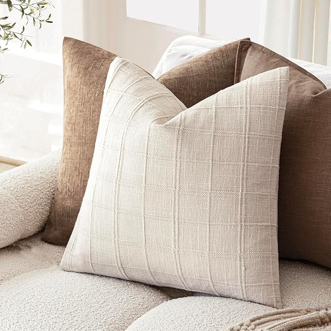 Foindtower Set of 2 Decorative Linen Check Throw Pillow Covers Neutral Farmhouse Vintage Cushion Covers Modern Boho Home Decor For Sofa Chair Couch Bedroom Living Room Outdoor,16×16 Inch,Natural Beige