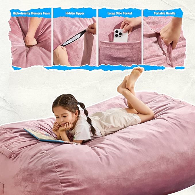 Hobestluk 3FT Bean Bag Chair Large Beanbag with Removable Cover Adult Bean Bag Chair with Portable Handle Desgin for Living Room Bedroom (Pink, 3FT)