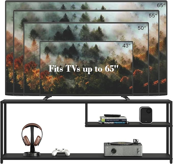 TECHMILLY Modern TV Stand for 65" TV, TV Table with Storage Shelves, Entertainment Center with Metal Frame, TV Console Table for Living Room, Bedroom, Black
