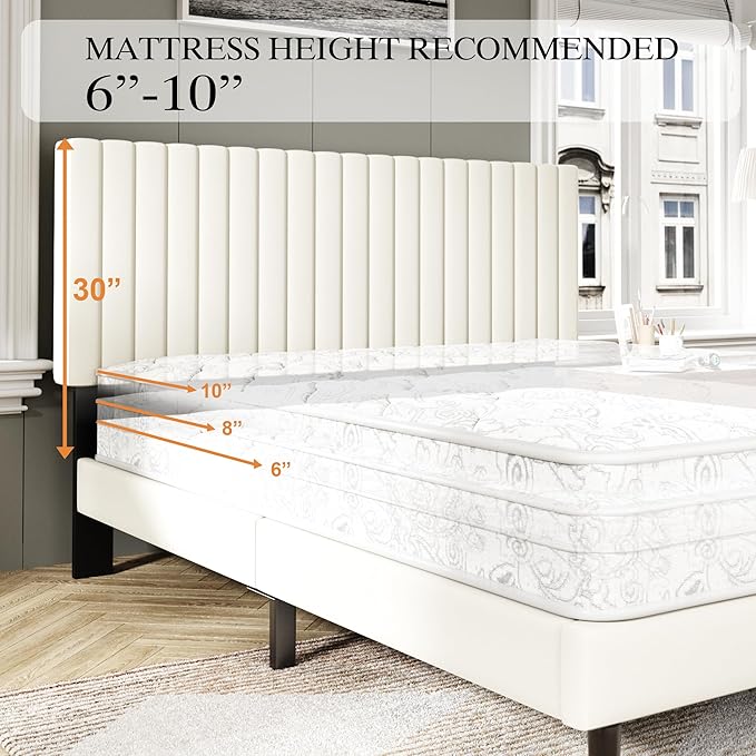 Queen Size Bed Frame with Velvet Upholstered Headboard, Platform Bed with Strong Wood Slats, Mattress Foundation, Box Spring Optional, Easy Assembly, Beige