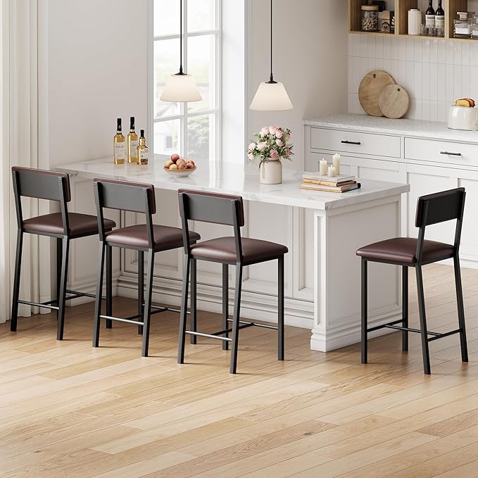 Garvee Bar Stools Set of 4, Kitchen Barstools with Thick Cushion, 25 Inch Counter Height Bar Stools with Backrest and Footrest, for Dining Room, Kitchen Island Counter Chairs, Retro Brown