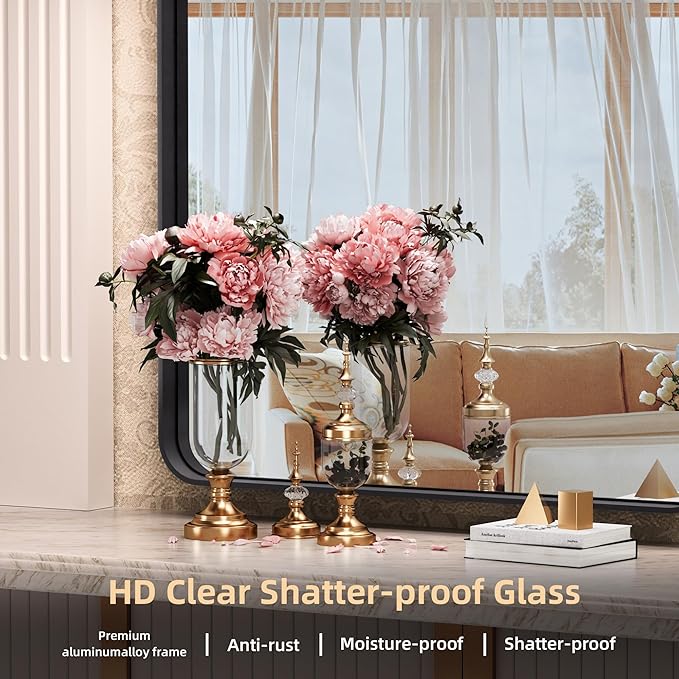 Hasipu Black Bathroom Mirror 50x40 Inch Rounded Rectangle Vanity Mirror Metal Framed Wall Mirrors Anti-Rust Surface Mount (Horizontal/Vertical)