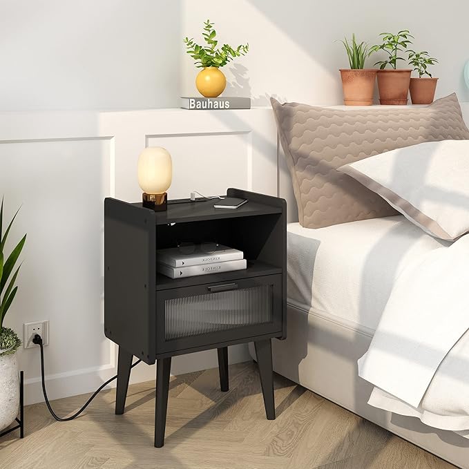 Nightstand with Charging Station, Bedside Tables Set of 2, End Table Side Table with 2 Tiers Storage Space, for Bedroom, Living Room, Black MLBZ07BEV-2