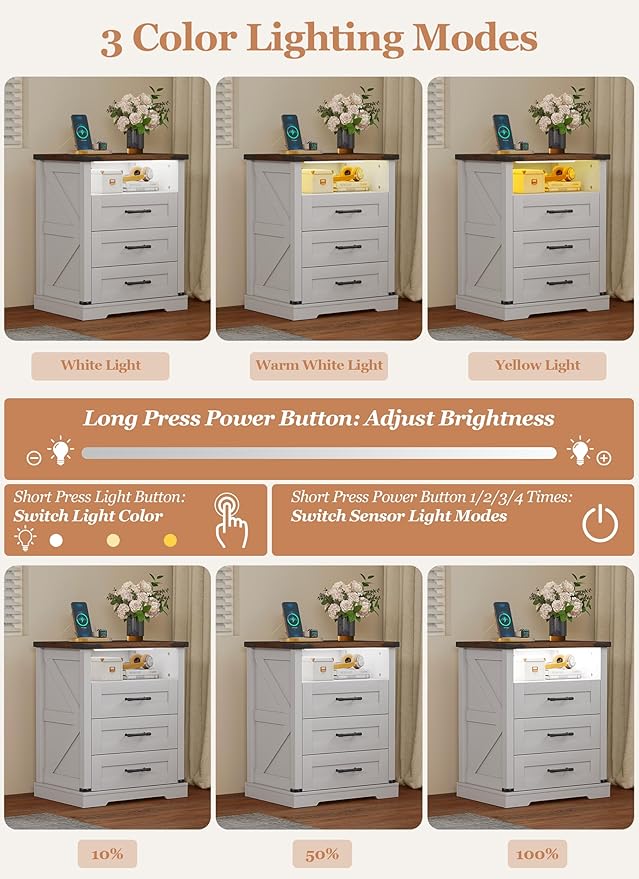 Night Stand with Charging Station 22" Large Farmhouse Nightstands with 3 Drawers and Open Storage Smart Bedside Table with Human Sensor LED Light End Tables for Bedroom Living Room White