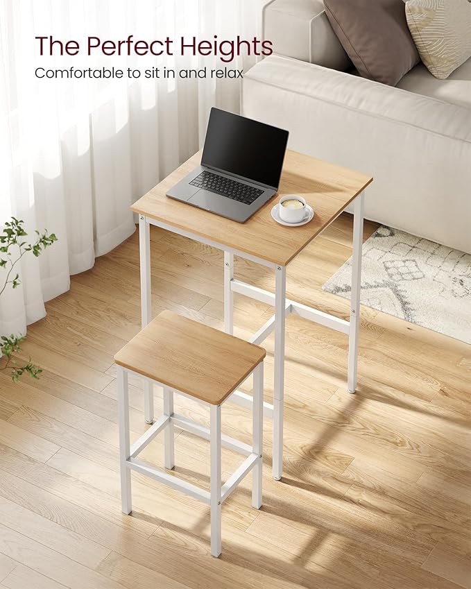 VASAGLE Bar Table and Chairs Set, Square Table with 2 Stools, Dining Pub Set for 2, Space Saving for Kitchen Breakfast, Living Room, Party Room, Golden Oak and Cloud White
