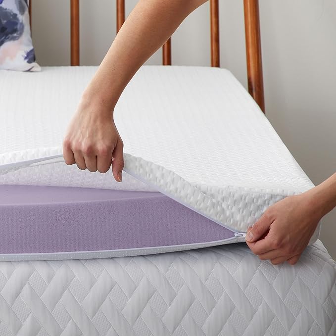 LUCID 4 Inch Lavender Infused Memory Foam Mattress Topper and LUCID Zippered Enclosure Mattress Topper Cover, California King