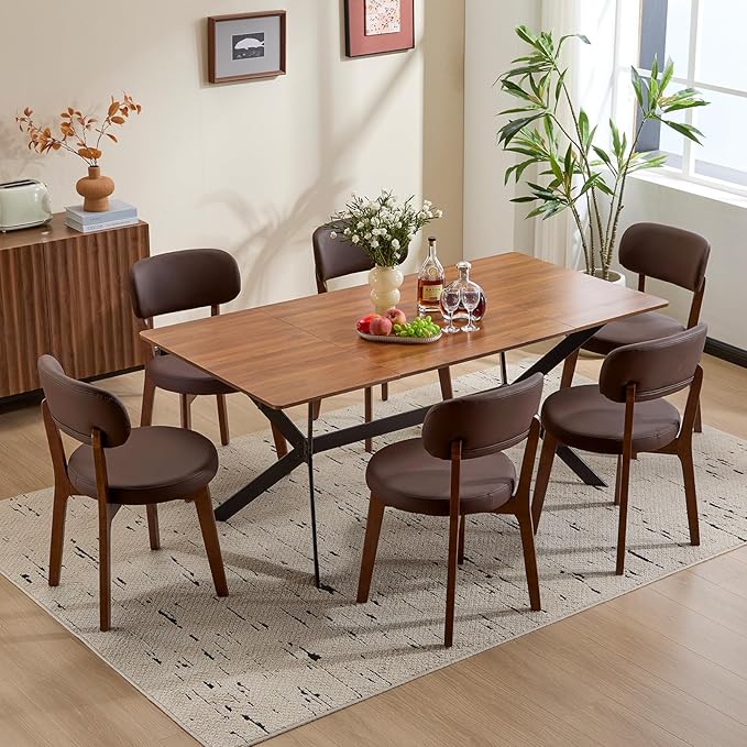 Furniliving Wooden Dining Chairs Set of 6, Mid-Century Modern Leather Upholstered Kitchen Chair with Solid Oak Wood, Farmhouse Dining Room Chairs, Brown