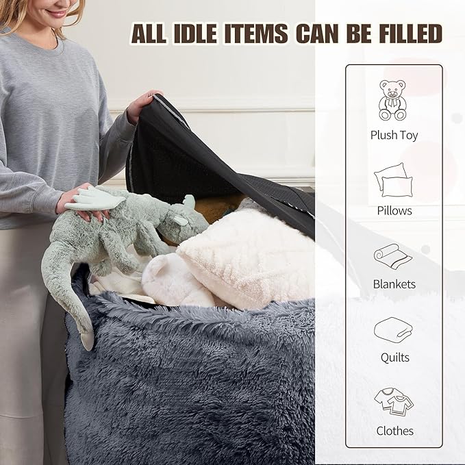 Bean Bag Cover(No Filler), Faux Fur Comfy Bean Bag Chairs for Adults, Washable Bean Bag Chair Cover, Fluffy Plush Giant Bean Bags Chairs for Teens Kids Girls, Anti-Slip, 5FT, Dark Grey
