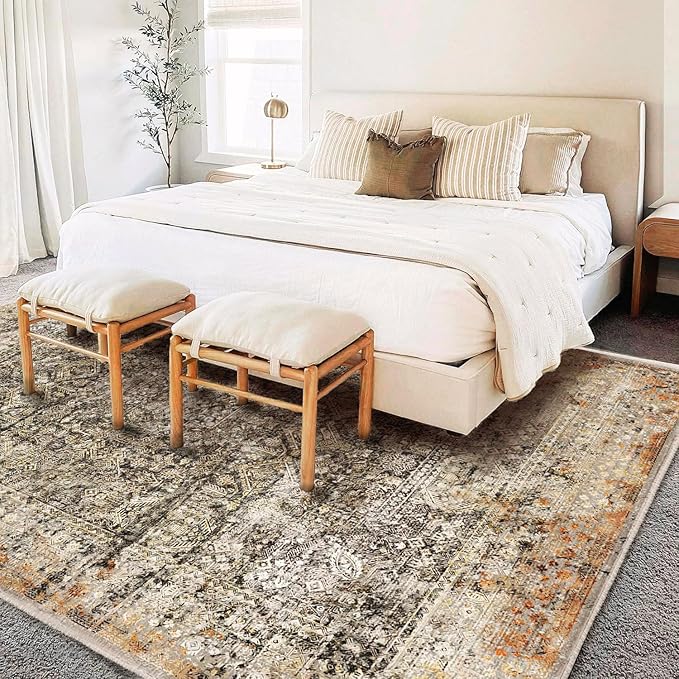 Area Rug 10'x14' Washable Vintage Traditional Mat Distressed Indoor Foldable Thin Retro Accent Floral Print Non Slip Carpet for Living Room Dining Room Office Large Rugs