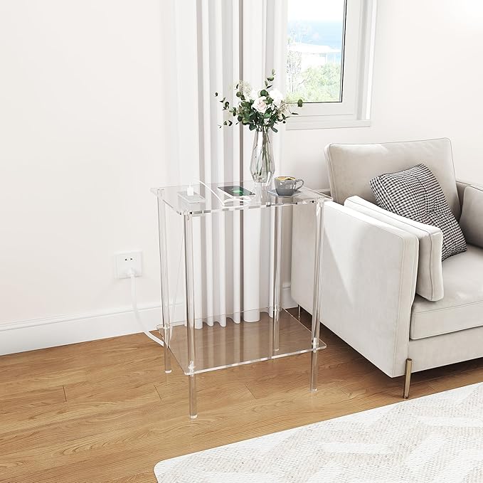 Eglaf Acrylic Side Table Set of 2 with Charging Station & USB Ports - Small End Table - Nightstand Bedside Table for Living Room, Bedroom - 15.7'' L x 11.8'' W x 21.7'' H, 2 Tier