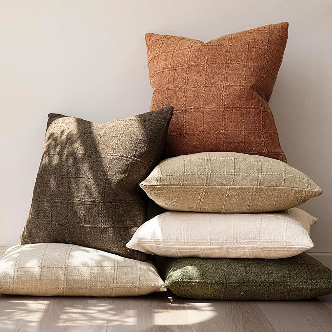 Foindtower Set of 2 Decorative Linen Check Throw Pillow Covers Neutral Farmhouse Lumbar Cushion Covers Modern Boho Home Decor for Sofa Chair Couch Bedroom Living Room Outdoor,12×20 Inch,Orange
