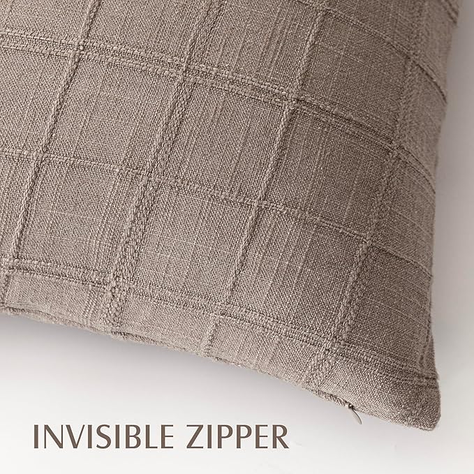 Foindtower Set of 2 Decorative Linen Check Throw Pillow Covers Neutral Farmhouse Vintage Cushion Covers Modern Boho Home Decor for Sofa Chair Couch Bedroom Living Room Outdoor,22×22 Inch,Tan Taupe