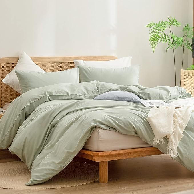 BESTOUCH Duvet Cover Set 100% Washed Cotton Linen Feel Super Soft Comfortable Chic Lightweight 3 PCs Home Bedding Set Solid Sage Green Super King