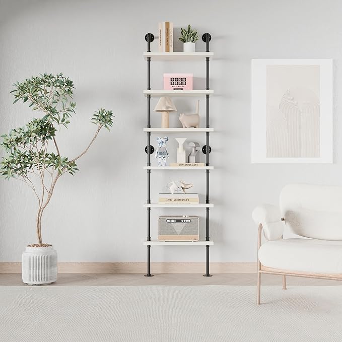 Industrial Ladder Pipe Shelves, Wall Mounted Wood Metal Rustic Bookshelf for Living Room (White, 6 Tier - 10" D x 24" W x 82.5" H)