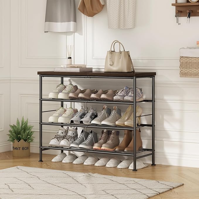 Shoe Rack Organizer 4 Tier for Closet Entryway Free Standing Metal Storage Shoe Shelf with MDF Top Board，Black