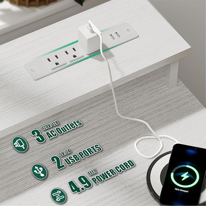 47 Inch Computer Gaming Desk with Power Outlets & LED Lights Reversible Home Office Desk with Adjustable 5 Fabric Storage Drawers for Working Writing Study, White Oak
