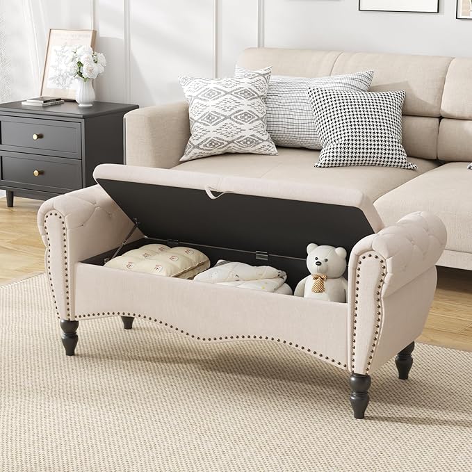 Furniliving Storage Ottoman Bench for Bedroom, Upholstered End of Bed Bench with Solid Wood Legs Modern Shoe Storage Bench Indoor Bench for Living Room Entryway Bench Furniture,Beige, Linen