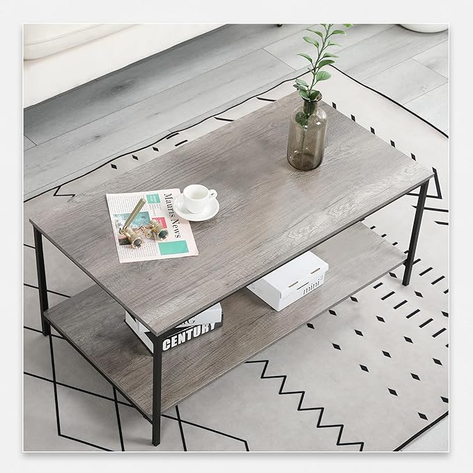 SENIG 2-Tier Coffee Table with Storage Shelf for Living Spaces, Grey Oak Rectangle Wood and Sturdy Metal Side End Table, Functional Center Table for Living Room, 39.3 x 20 x 16