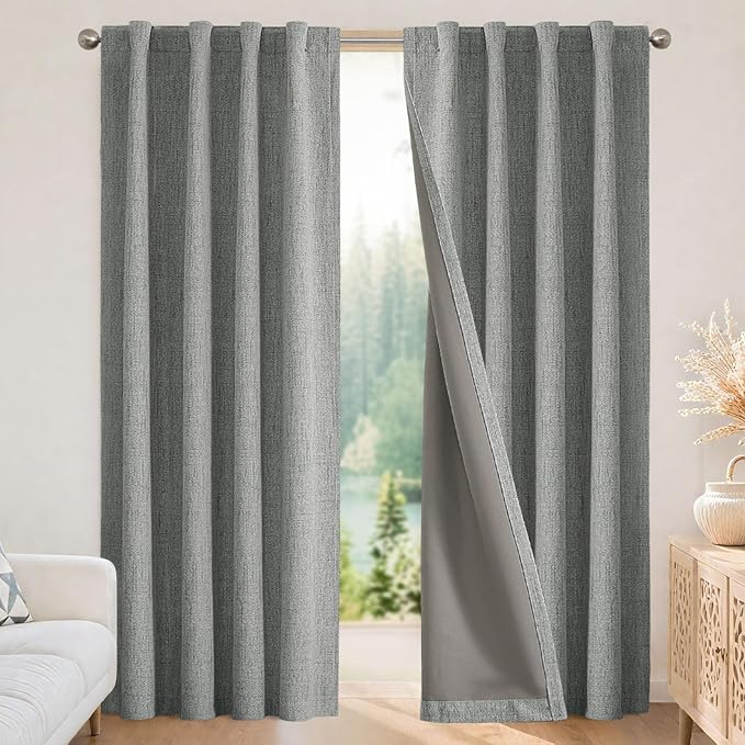 Joydeco 100% Blackout Curtains for Bedroom - Natural Linen Curtains 100" W x 96" L Long, Thermal Insulated 1 Panels Light Grey. Room Darkening Light Blocking Drapes for Living Room