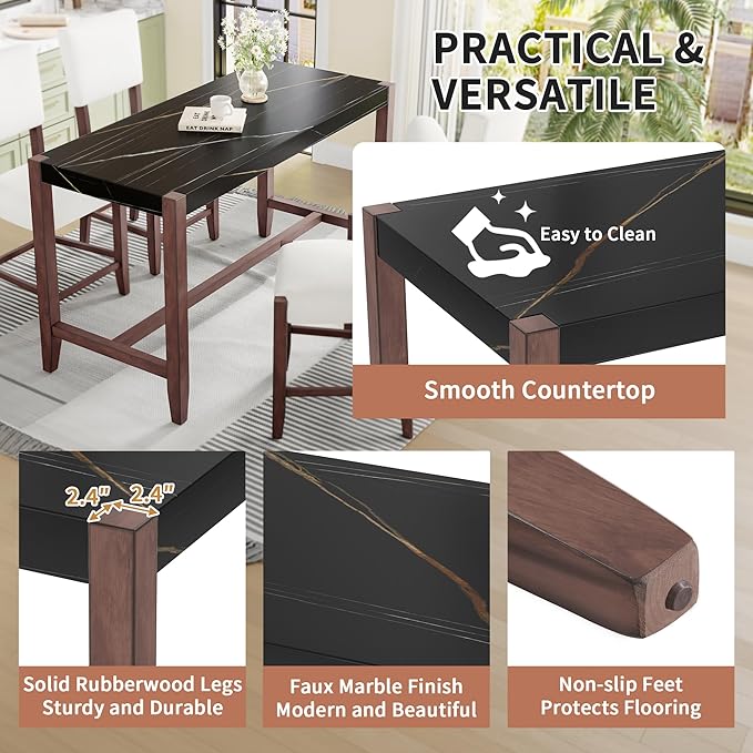 Ball & Cast 5-Piece Dining Table Set for 4,Kitchen Table Set W/Faux Marble Bar Table,Counter Height Living Room Furniture W/ 4 Upholstered Chairs,for Dining Room,Pub Kitchen,Small Place,Black+Beige