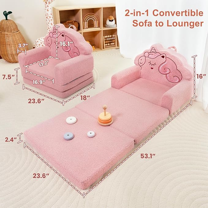 TinyPalsa Kids Couch, Convertible Sofa to Lounger Fold Out, Pink Unicorn Design Chair for Toddlers 1-3, Gift for Birthday, Movie Night