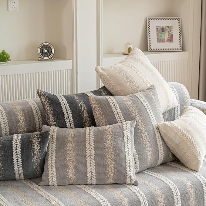 Pack of 1 Decorative Throw Pillow Covers 12x20 Inch, Pillow Cases for Living Room Couch Bedroom Farmhouse Home Decor, Soft Stripe Chenille Cushion Covers for Sofa Beige,12''x20''