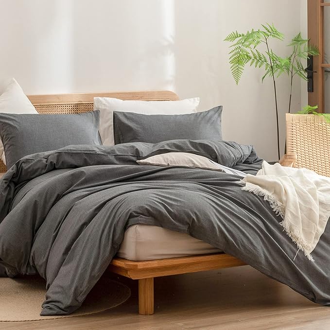 BESTOUCH Duvet Cover Set 100% Washed Cotton Linen Feel Super Soft Comfortable Chic Lightweight 3 PCs Home Bedding Set Solid Dark Grey King